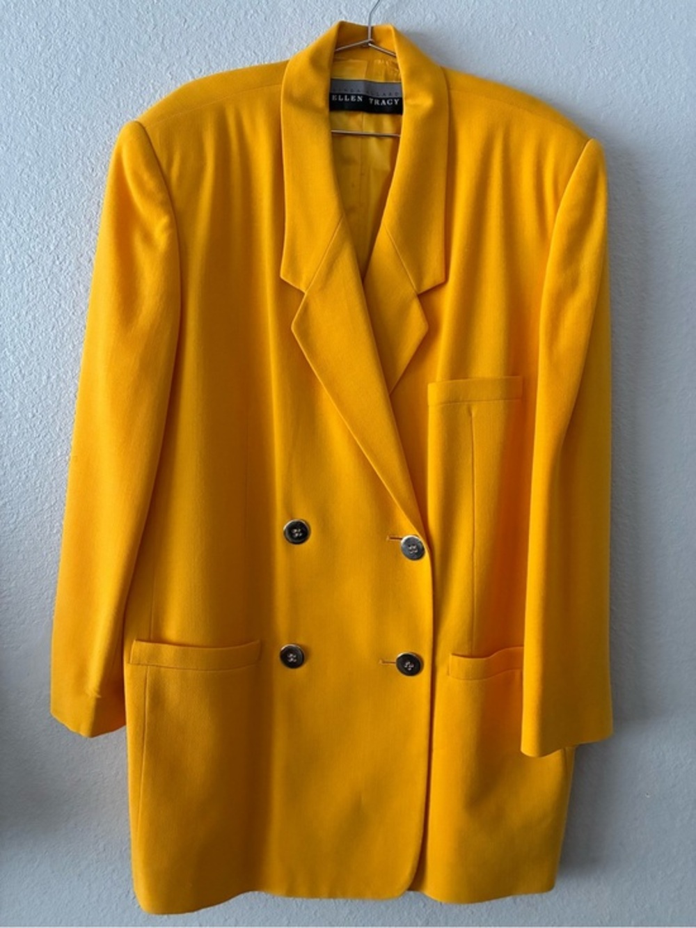 VTG 90s Ellen Tracy 12 Bright YL 💯 Wool Double-Breasted Blazer Silver Buttons